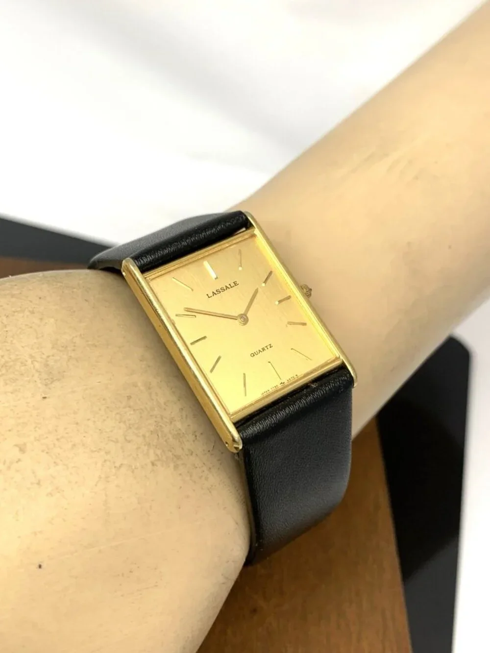 Lassale By Seiko Watch 7730-5059 Quartz Tank Gold Dial Black Leather Strap 23mm